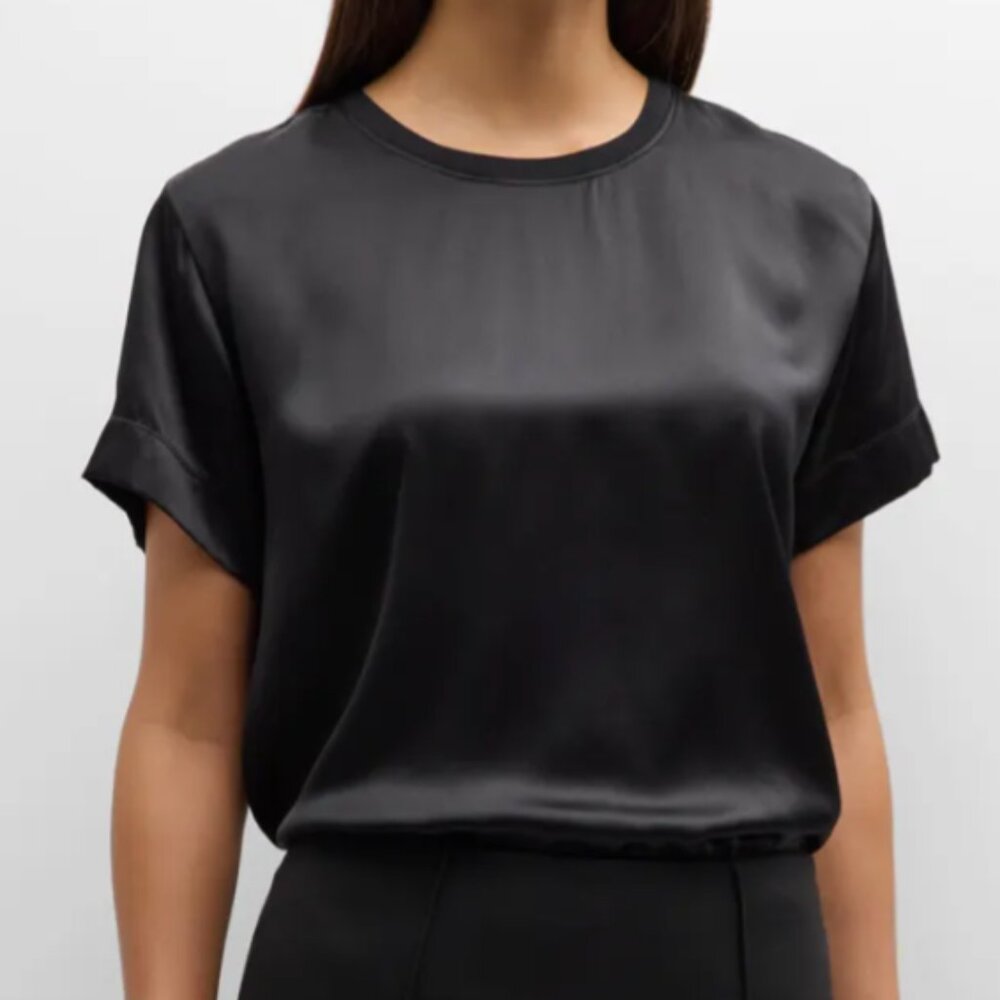 NWT ANNE KLEIN SHORT SLEEVE BLACK SATIN BLOUSE TEE TOP, SIZE M